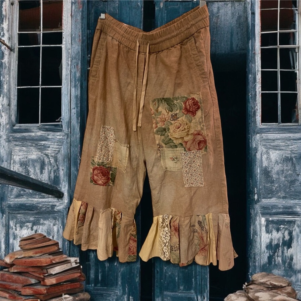 SOLD Upcycle pantaloons bloomers XS boho lagenlook, OOAK handcrafted tea stained